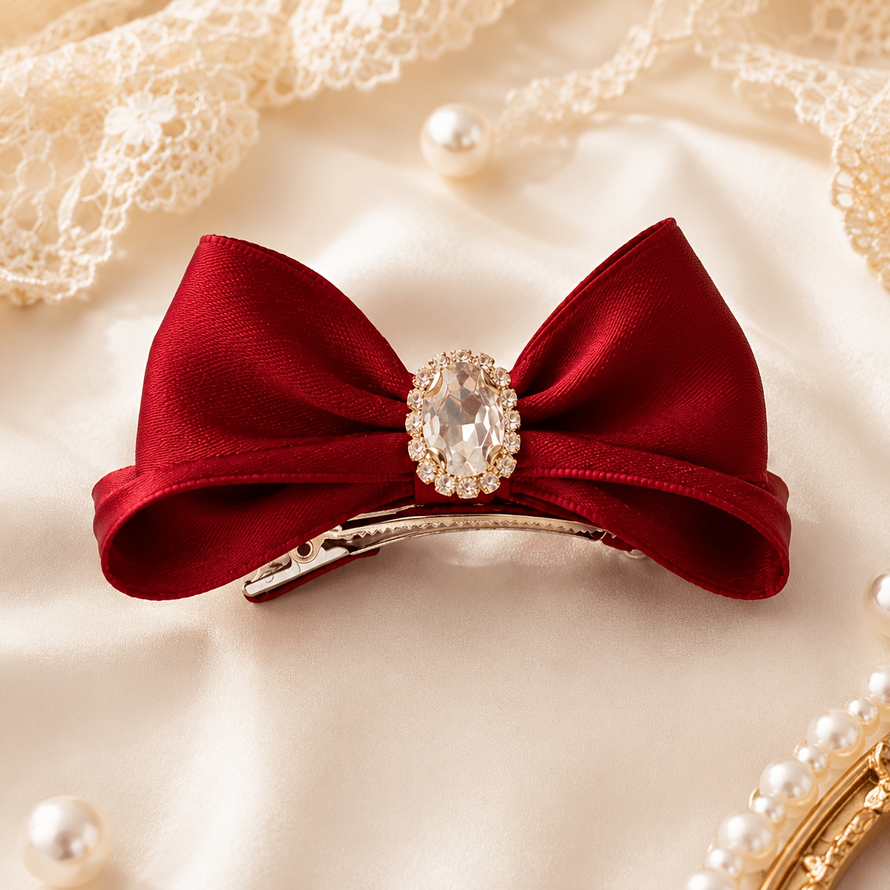 TEMU Elegant Luxury Satin Bow Hair Clip For Women, Rhinestone Center Barrette, French Style Accessory, Pink, Ivory, Red And Black Hair Bow Clip For