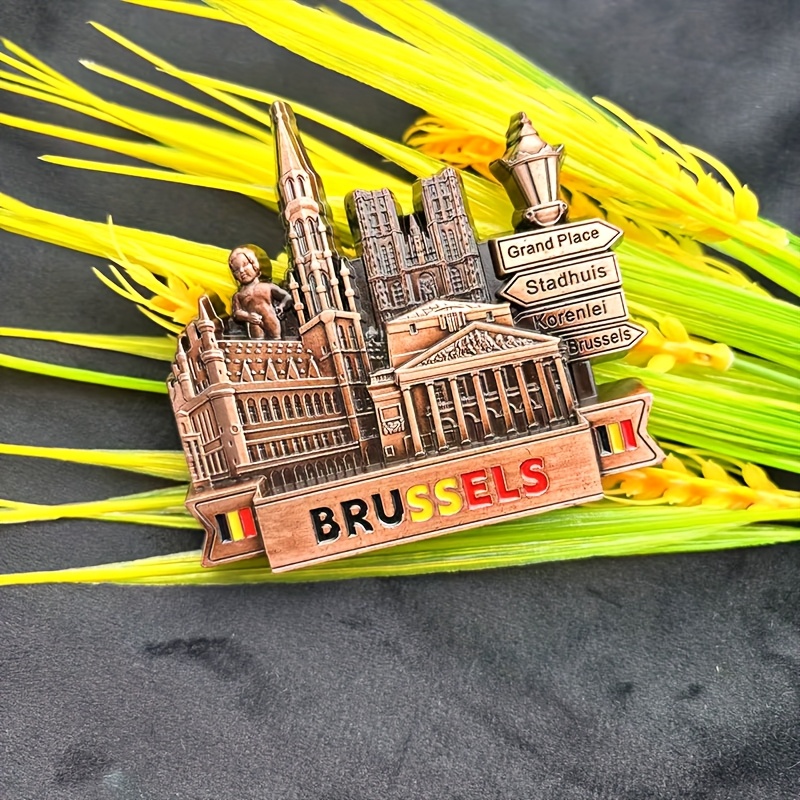 TEMU Vintage Belgische Metalen Koelkastmagneet - Brussels Townhouse & Grand Place Borden, Ideaal voor Keuken & Reisdécor, Perfect Geschenk voor