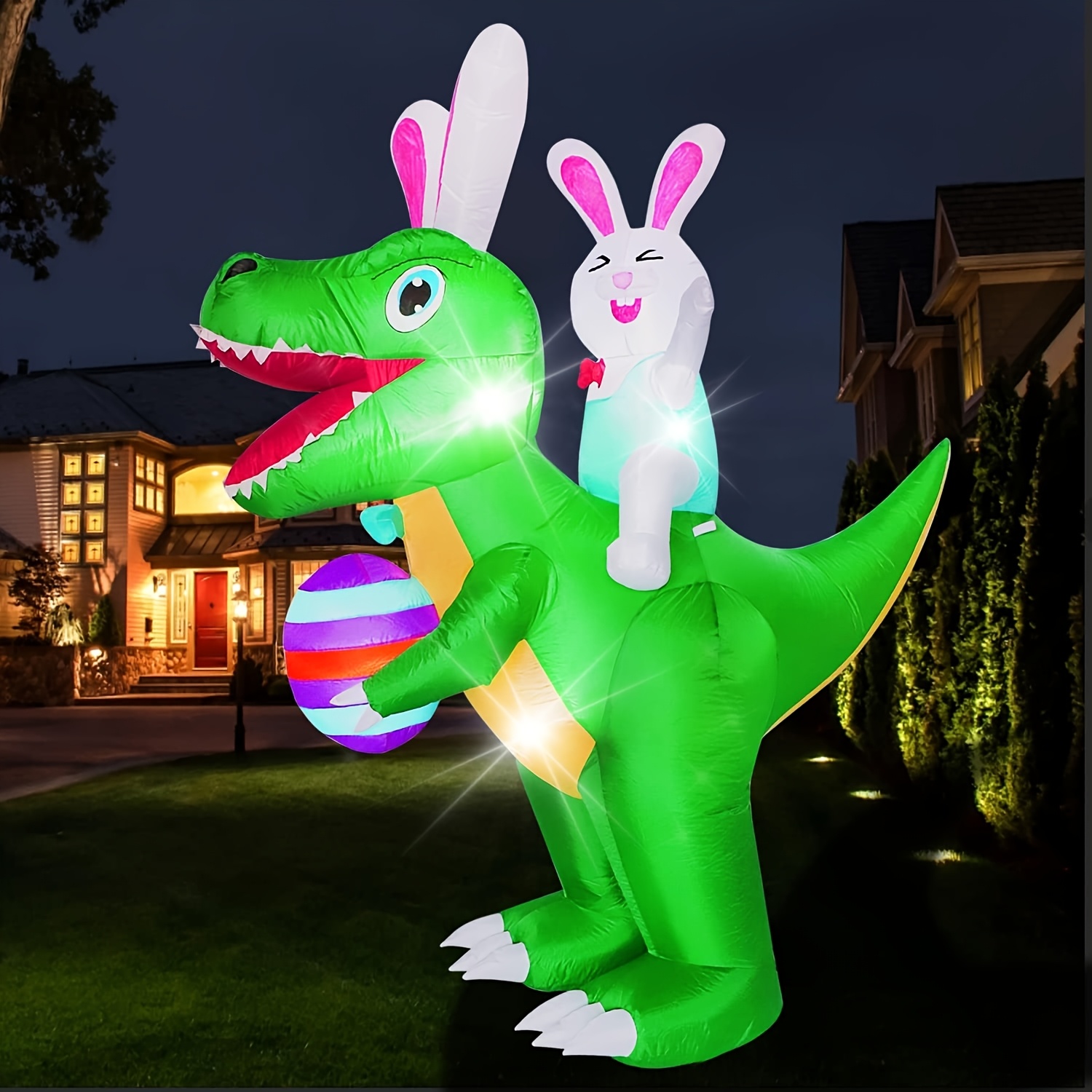 

7ft Easter Inflatable Bunny Ride On Dinosaur, With Blow Up Egg Built-in Led Lights, Outdoor Decorations For Lawn Decor Party Indoor Decor Yard Decorations