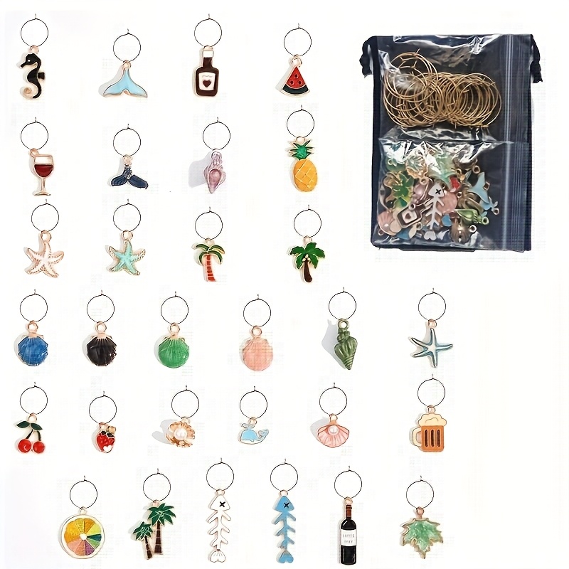 30pcs Glass Pendant Tags, 1pc Velvet Bag, Wine Glass Tag, Beach Wine Pendant, Wine Glass Markers, Themed Party Cup Decorations, Fun Party Drinkware Charms, Ocean Series Mixed Set of Glass Identification Pendants
