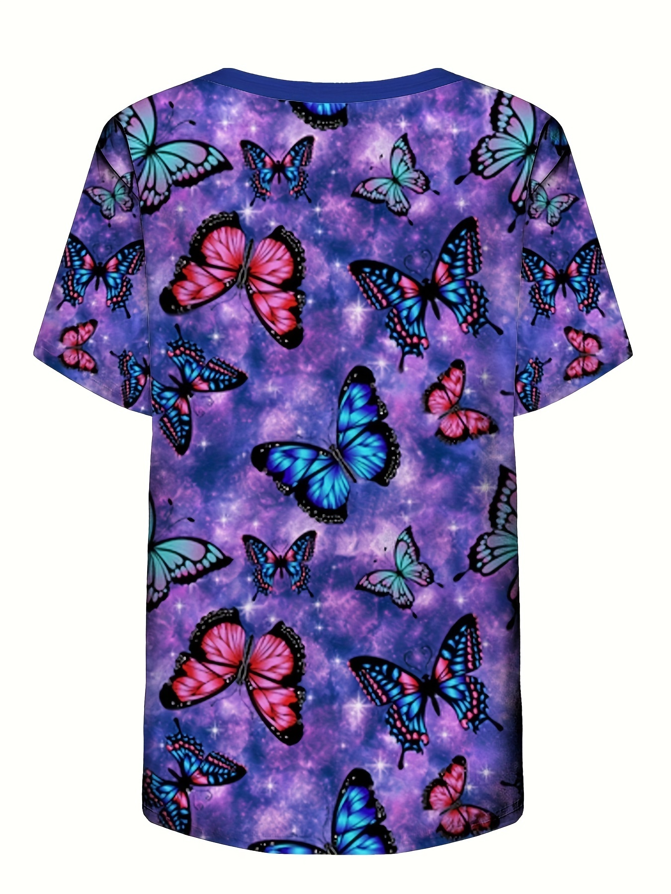 Kadınlar için Canlı Çiçek & Kelebek V-Yaka Tişört - Cepli, Yumuşak Polyester, Makinede Yıkanabilir - Hemşireler & Dış Mekan Tutkunları için İdeal Yazlık Üst