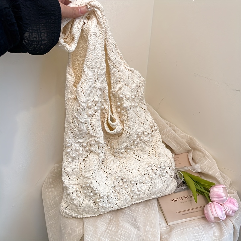 Image of Casual Minimalist Solid Pearl Knit Handbag Women's Korean Lazy Style Large Capacity Shoulder Bag Niche Versatile Underarm Bag