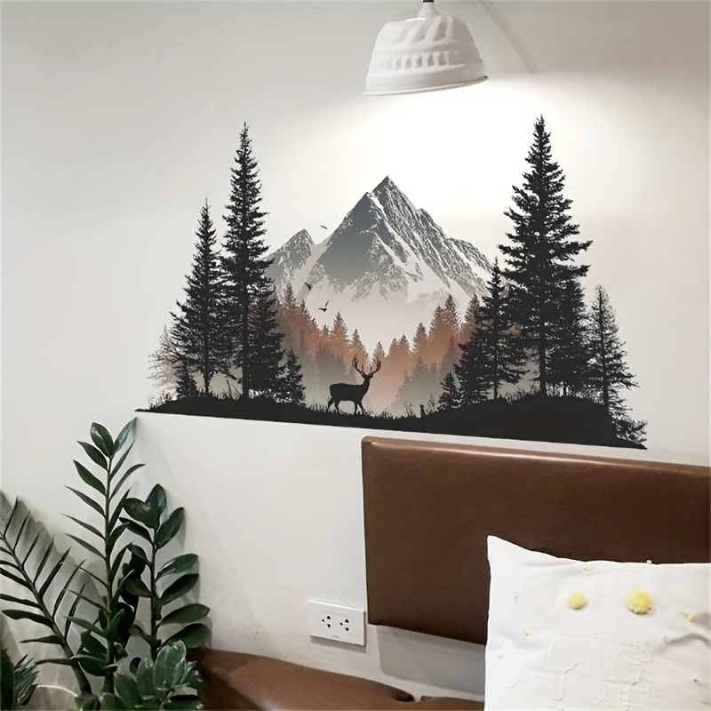 E-shop Selbstklebende 2D Flache Wald Elch Wandaufkleber für den Wohnzimmer TV Hintergrund, Dekorative Aufkleber für Schlafzimmer und Arbeitszimmer mit