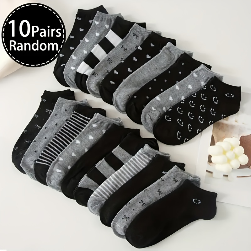 Image of Random 10 Pairs Girls' Short Socks - Comfortable And Fashionable, With Bow, Heart, Stripe, And Polka Dot Patterns - Perfect For School And Casual Wear, Fall And Winter Clothes