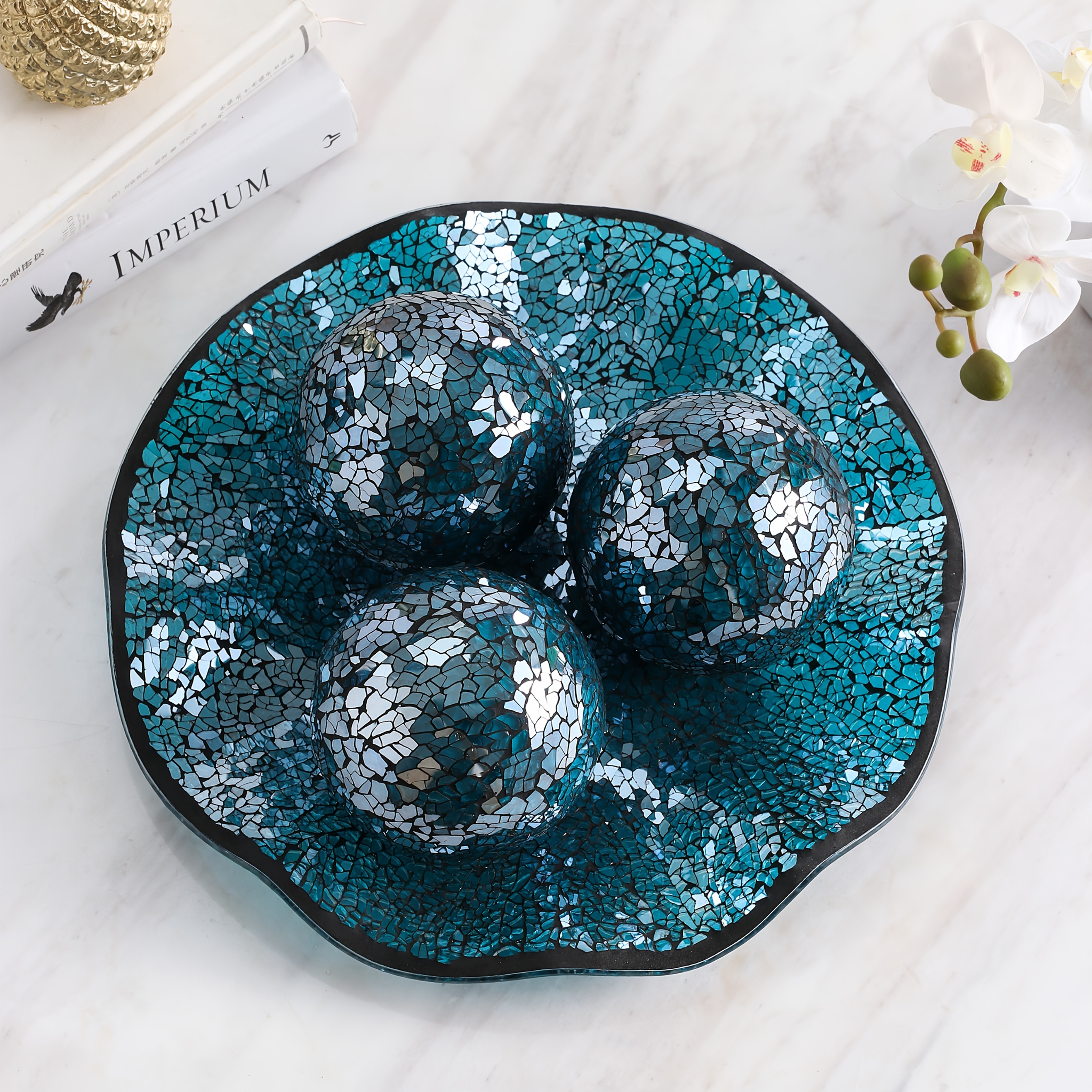 

4pcs Mosaic Glass Decorative Sphere Set With Glittery Teal & - Plate - Ideal For Living Room, Study, Or Hotel Display