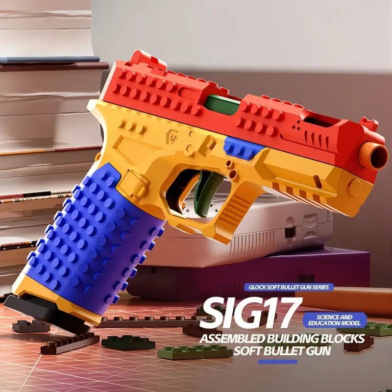 automatic ejection building blocks gun with bullet casings stem construction set with realistic bullet launcher mechanism safe non building blocks for teens adults parent child assembly kit 2025 christmas birthday gift for boys girls red yellow blue educational toy for motor skills development Product details 2