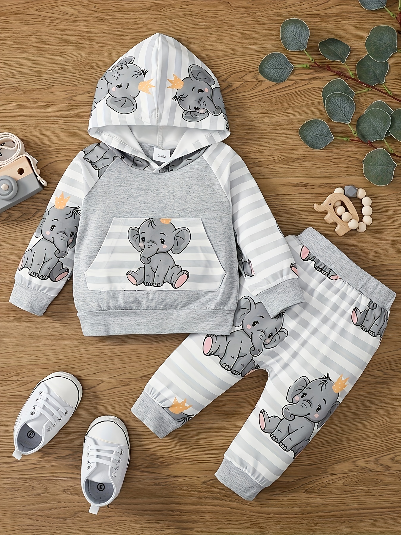3pcs Baby Striped Long-sleeve T-shirt and All Over Cartoon Elephant Print Overalls Set