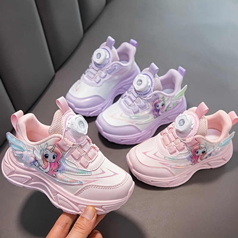 girls cartoon sneakers with rotating button cushioned non slip thick sole casual running shoes for teens breathable fabric wear girls shoes details 3
