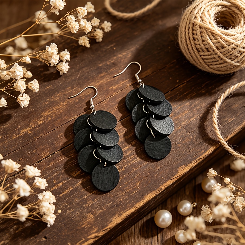 TEMU 1 Pair Aizx Women's Bohemian Round Wood Dangle Earrings With Tassel Pendant - Wood Ear Suitable For Daily Wear, Parties, Weddings, Holidays,