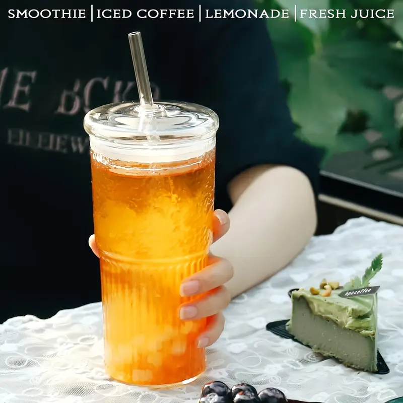 2pcs 22oz 650ml with lid straw straw brush ribbed glass cup reusable wide mouthed smoothie cup thick walled glass iced coffee cup tea cup juice cup a great holiday christmas anniversary housewarming gift for Product details 5
