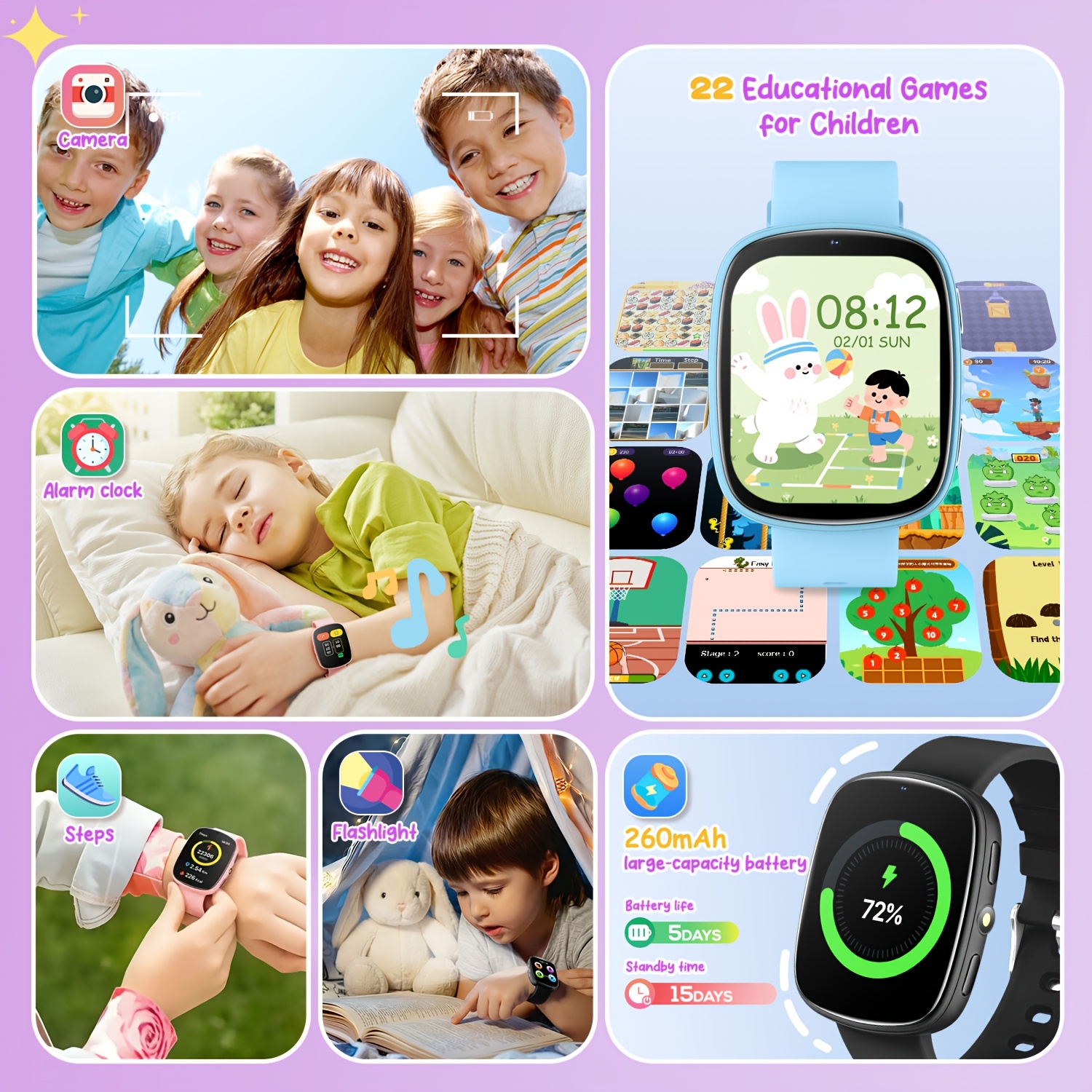 Kinder Smartwatch met 22 Spelletjes, Ingebouwde Zaklamp, Camera & Fotoalbum, 260mAh Oplaadbare Batterij, Kalenderfunctie, Meest Populaire Smartwatch voor Kinderen, Jongens & Meisjes, Lieve Speelkameraad voor Kinderen, Grappig Educatief Polshorloge, Geweldig Cadeau voor Kinderverjaardag & Feestdagen
