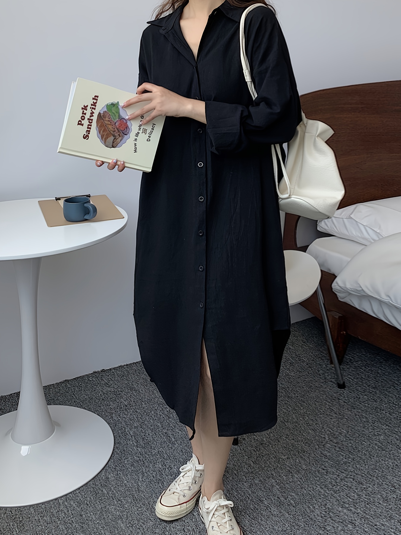 V neck Loose Shirt Dress Simple Button Long Sleeve Fall - Temu