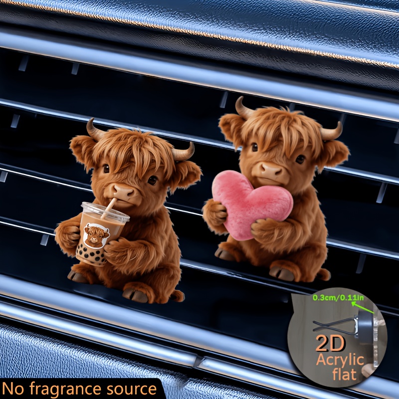 TEMU 2d Flat, 2pcs Cute Highland Cows Holding And Drinking Milk Tea Pattern Car Air Outlet Clip Decoration, "fragrance-free", With Double Odorless