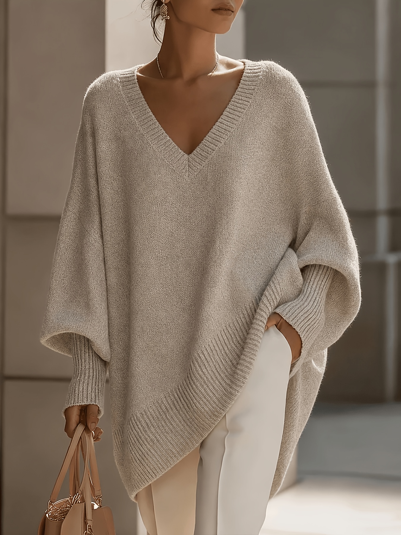 Artikelbild plus size - französischer   plus size v-ausschnitt pullover damen locker flügelärmel einfarbig weicher pullover herbst   top