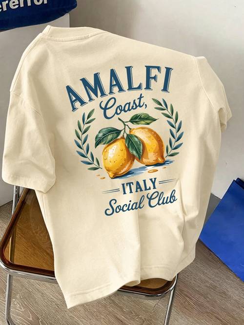 heren nieuw pure ronde hals korte mouw t-shirt met amalfi italiaanse citroenprint, perfect voor vakantie, casual kleding, comfortabel, zacht, ademend, en een zomer essential