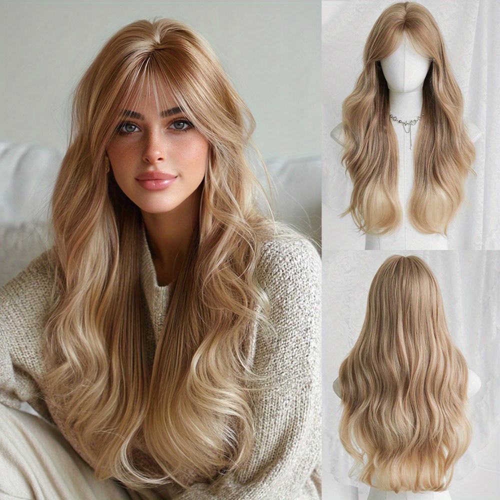Image of Long Water Brown Wig For Women Daily Use Modest Fashion Middle Part Blonde Wigs With Curtain Bangs High Density Synthetic Heat-resistant Fiber Fake Hair Beginners Glueless Wig Cosplay Party Wigs