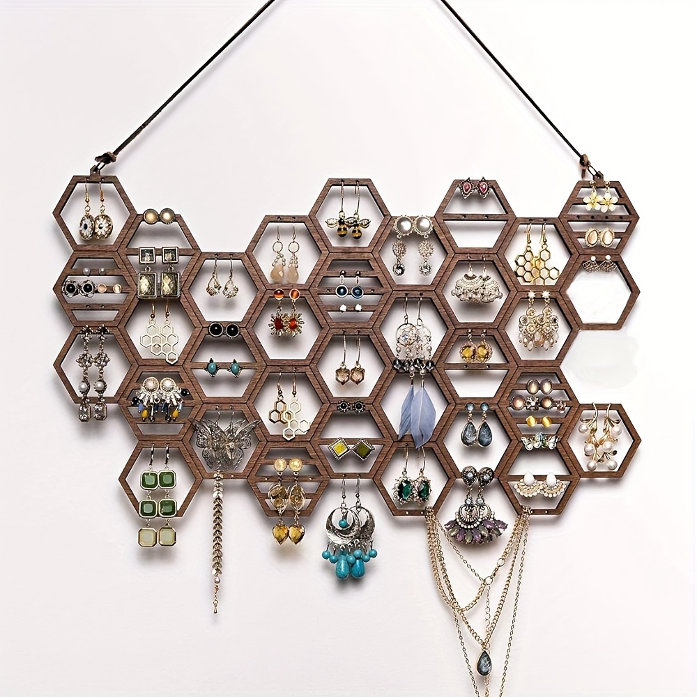 

Sleek Hollow-out, Honeycomb Wooden Wall-mounted Jewelry Organizer - Earring & Necklace Display Rack With