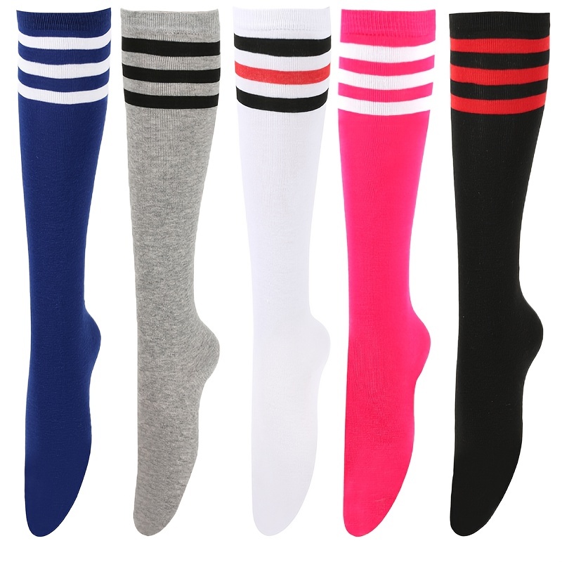 

5 Pairs Colorful Striped Calf Socks, College Style Simple Knee High Socks, Women's Stockings & Hosiery