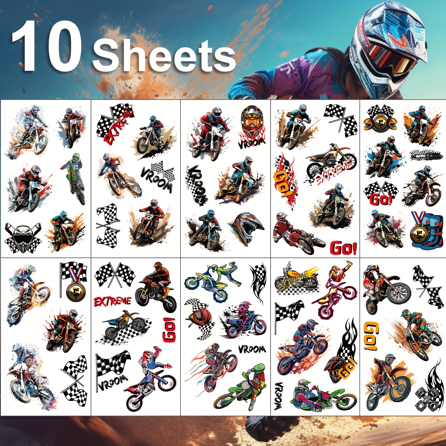 Image of Ftvltat 10 Sheets Motorcycle Racing Bike Temporary Tattoo Stickers, Watercolor Long-lasting Waterproof Tattoo Stickers, Perfect For Party Accessory Supplies, Motorcycle Theme Party Essential