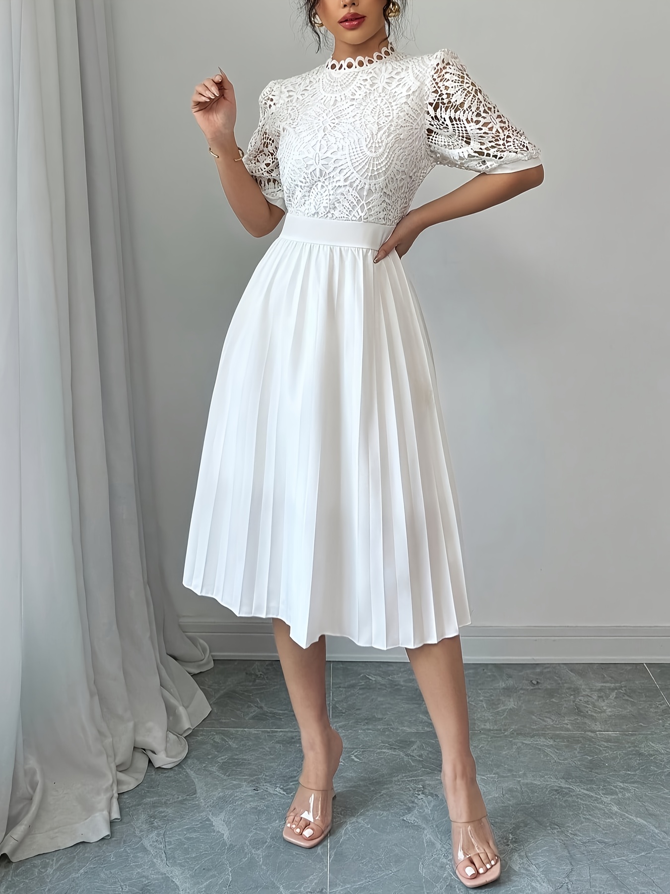 Ladies Dresses Casual White Lace Dress With Sleeves Short White Rehearsal-Dinner  Dress With Long Sleeves