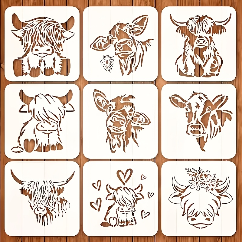 TEMU 9pcs Highland Cow Stencil Set Reusable Plastic Art Stencils Featuring Longhorn Cow, Floral & Heart Designs. Ideal For Wall Decor, Journals,