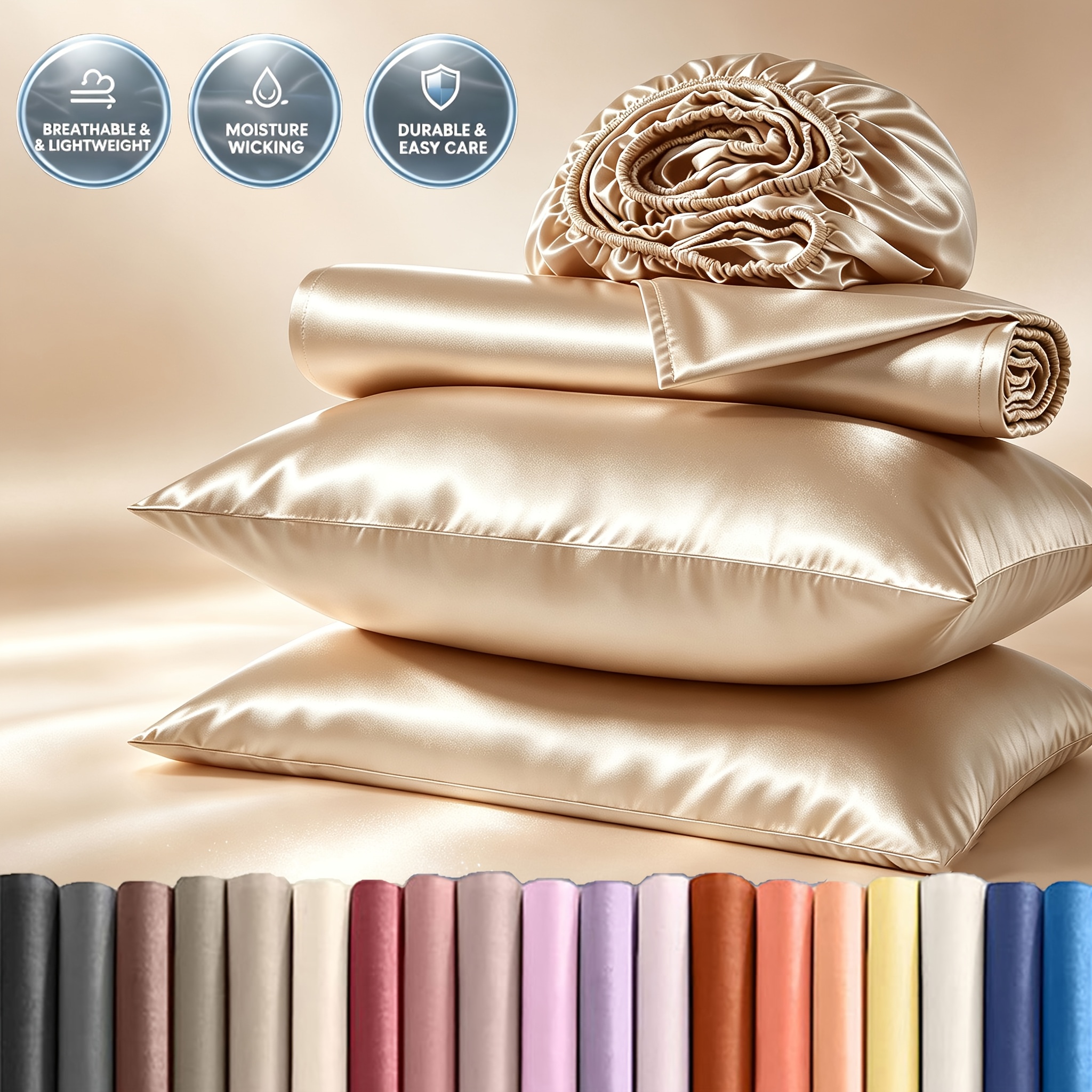 TEMU 4pcs Satin Solid Fitted Sheet 4pcs Set [1 Fitted Sheet, 1pc Flat Sheet, 2pcs Pillowcases (no Core)]
