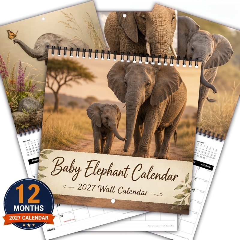 TEMU Teacher Calendar And Plan Book 2027 Wall Calendar 2027 Baby Elephant Wall Calendar, 12 Months Annual Organizer, Double Wire Spiral Hanging