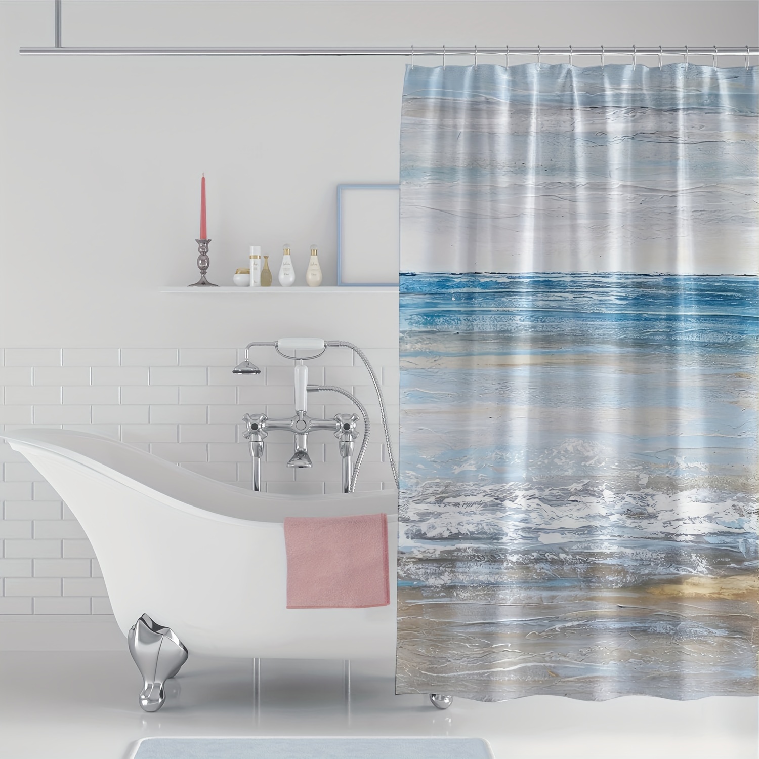 

1pc Abstract Ocean Beach Landscape Waterproof Knit Polyester Shower Curtain With Hooks, Machine Washable