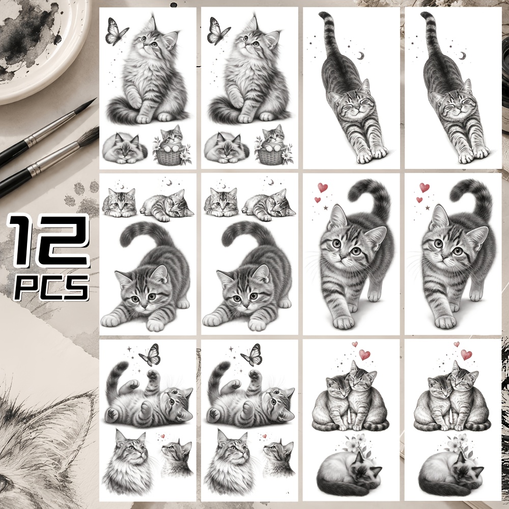 TEMU 12pcs Waterproof Cat Temporary Tattoo Stickers, Realistic Non-reflective 3d Disposable Small Fake Tattoos, Unisex, Perfect Gift For , Suitable