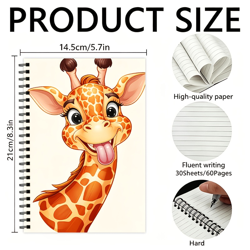 TEMU 1pc Cute Giraffe Notebook, Total 60 Pages Ruled Lined Design Spiral Bound, Suitable For Christmas, Holiday Back-to-school Gift