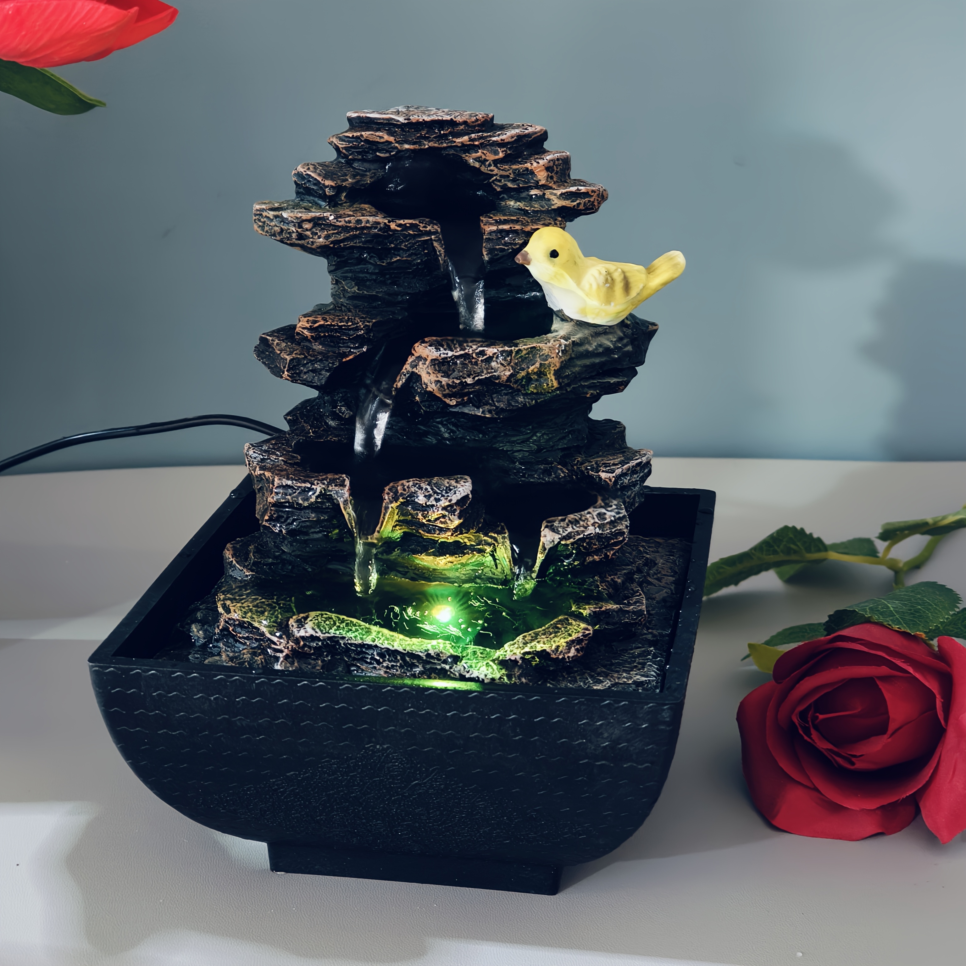 1 set of resin color-changing light imitation landscape fountain, bird rockery fountain, desktop placement creative USB power design, suitable for home and office decoration, suitable for business and Christmas, Valentine's Day, Thanksgiving and housewarming gifts