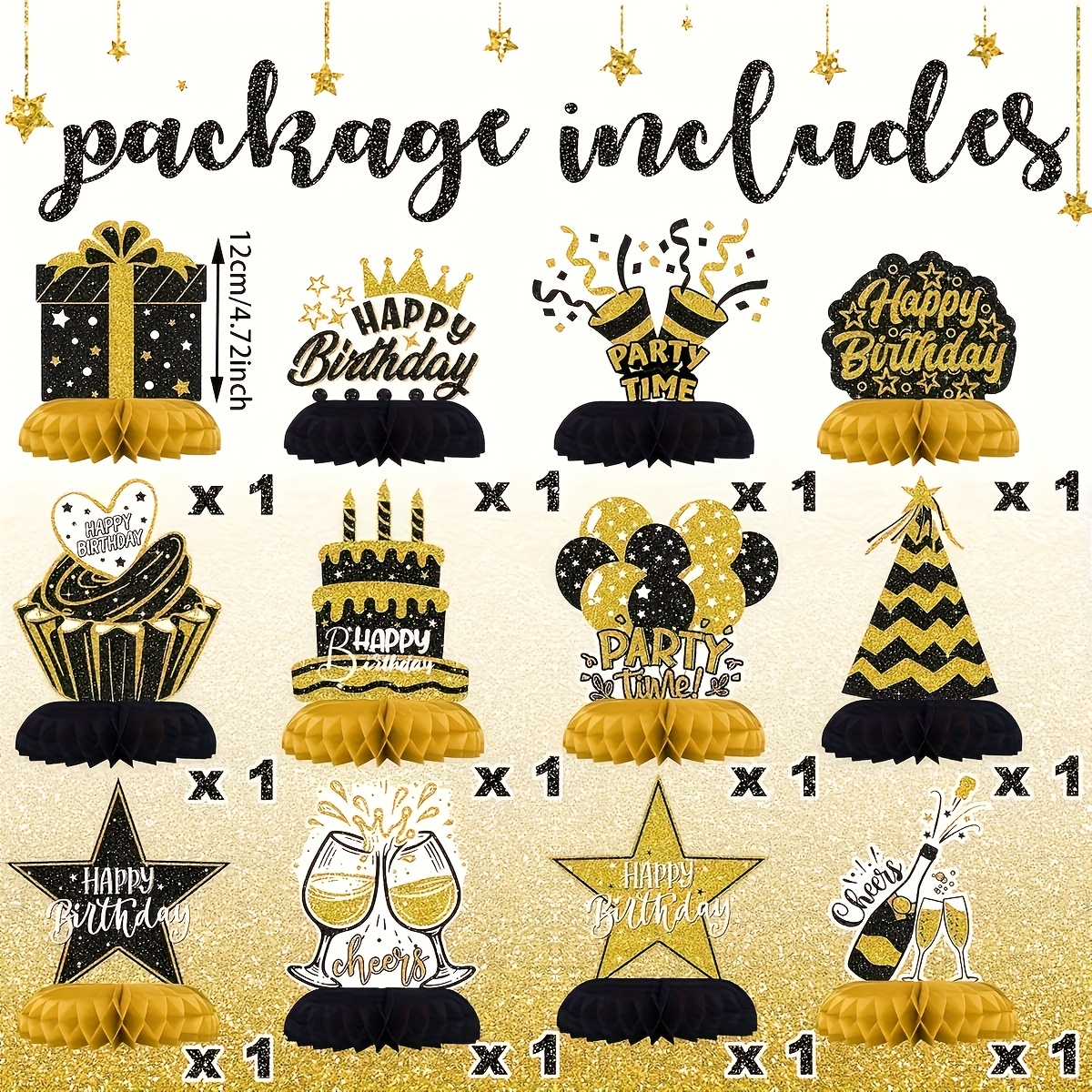Image of 12pcs Set Of Black And Golden Birthday Decorations - Honeycomb Table Centerpiece, Elegant Ladies' Party Table Decoration, And Golden Birthday Party Supplies, Party Table Centerpiece