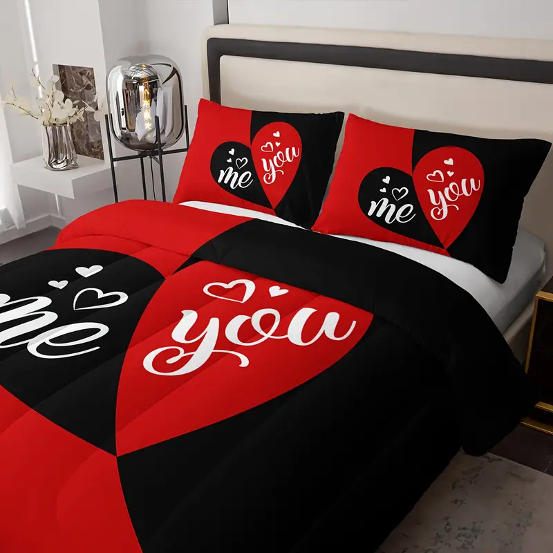 3pcs mr mrs bedding set queen comforter for adults couple men women black and red bedding set his and hers comforter bedding valentines day wedding gifts 1 quilt 2 pillowcases Product details 1