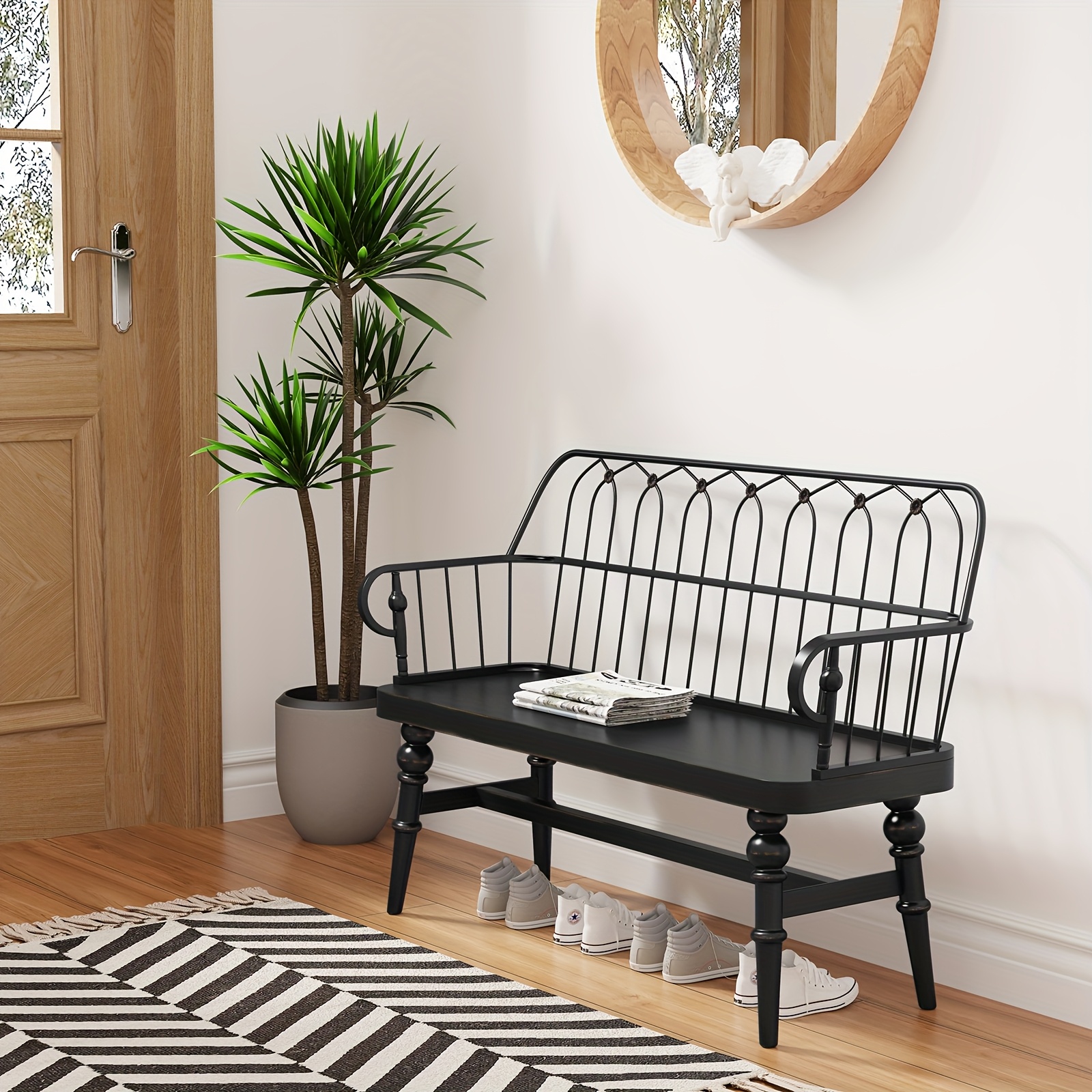 Farmhouse Wooden Spindle Back Bench - Classic Entryway & Dining Seat