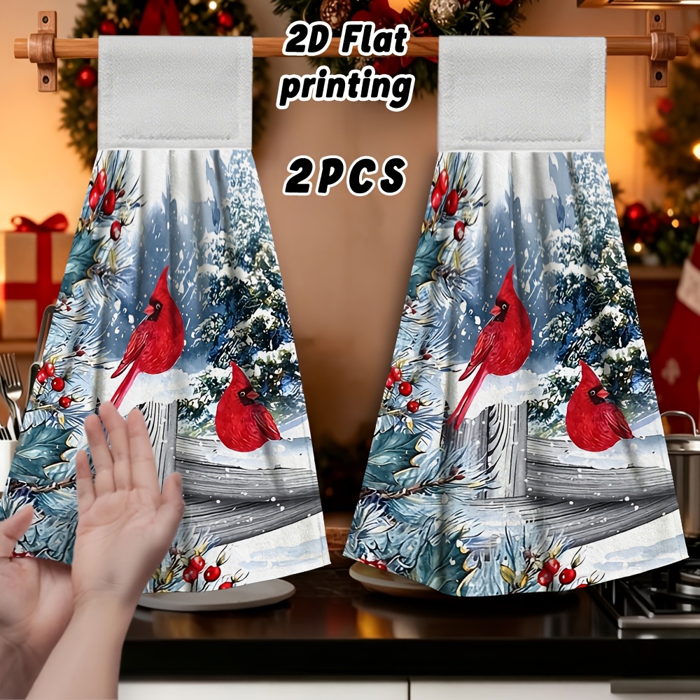 TEMU 2pcs 2pcs Red On Snowy Fence Hanging Hand Towels - Soft Microfiber Suitable For Bathroom, Kitchen, Dishwashing, Modern Bird-themed Decorative