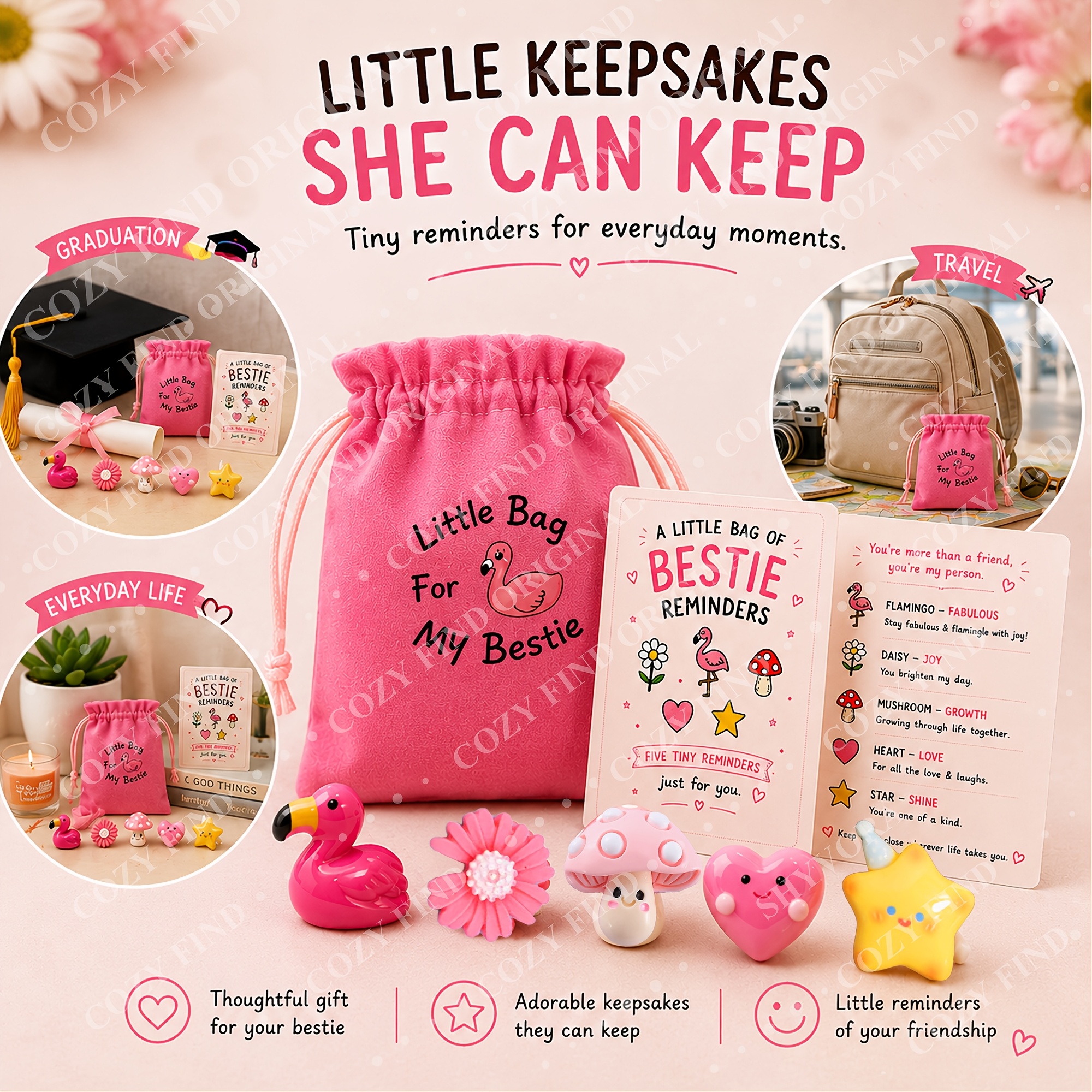 TEMU For Best Friend Gifts For Women, For Bestie Birthday Presents For Her, Small Bag Of For Bestie Reminders With 5 Cute Resin Keepsakes And Meaning