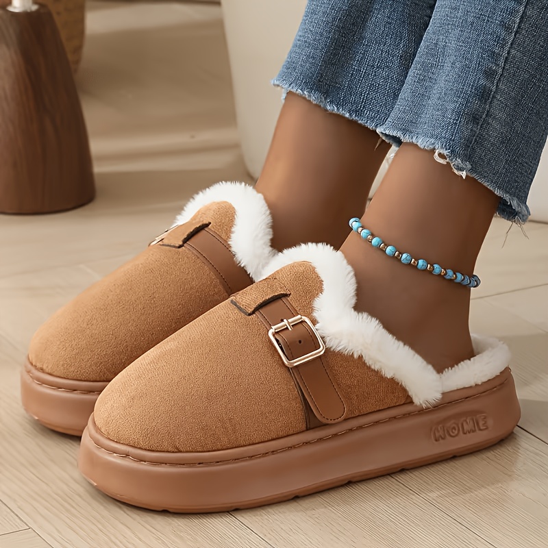TEMU Women's Vintage Belted Slippers, Autumn/winter Home Slippers For Cold Weather Protection, Thick Sole, Wide Fit, Wide Toe Box