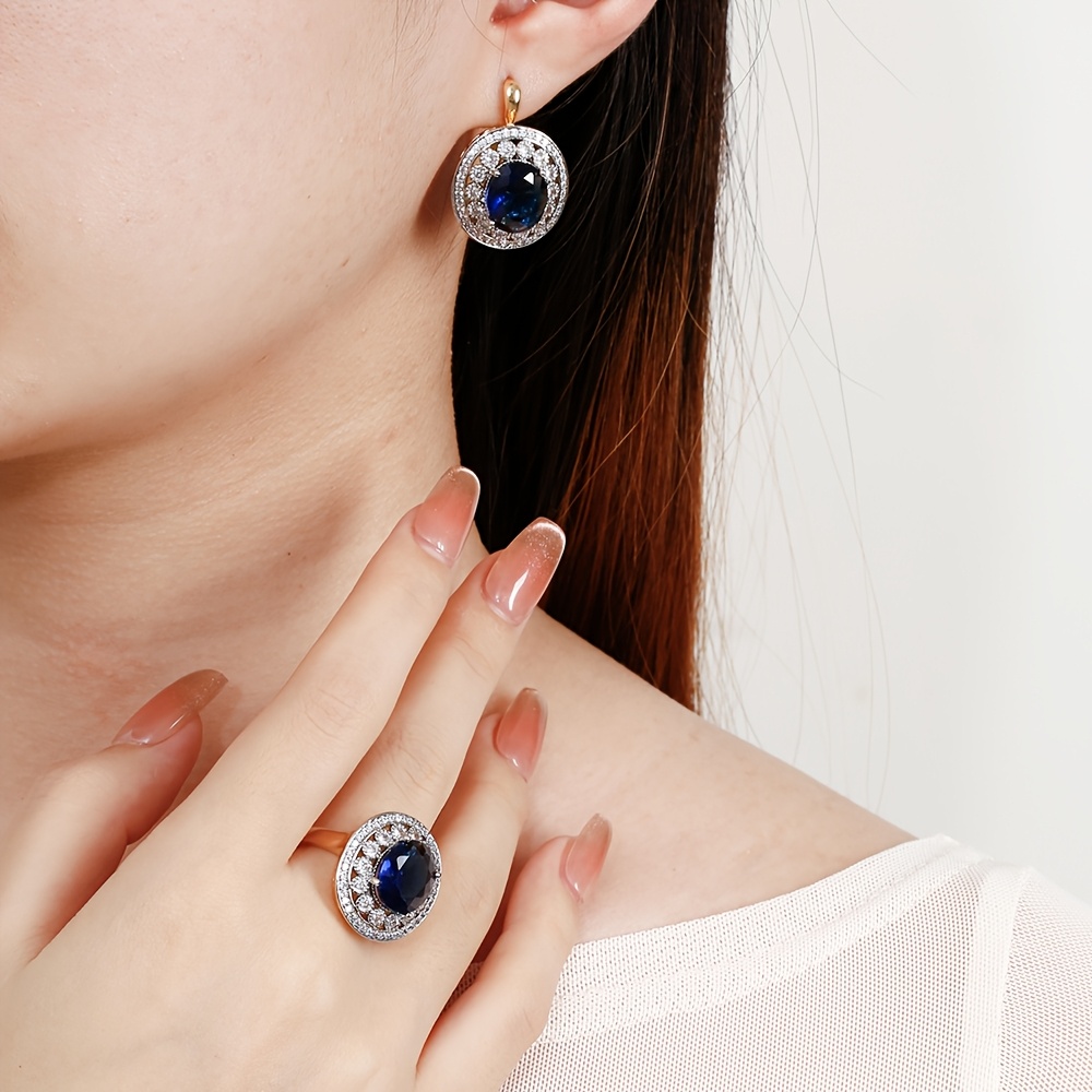 Two Tone Zirconia Oval Earrings & Ring Set 14K Golden Plated