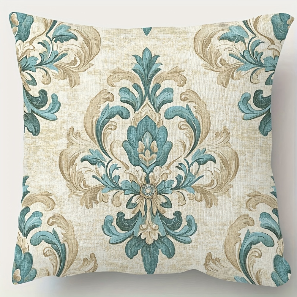 TEMU 1pc, Short Plush Decorative Pillow Cover, Gemstone And Beige Damask Pattern Cushion Case, Double-sided Print, Suitable For Sofa, Living Room,