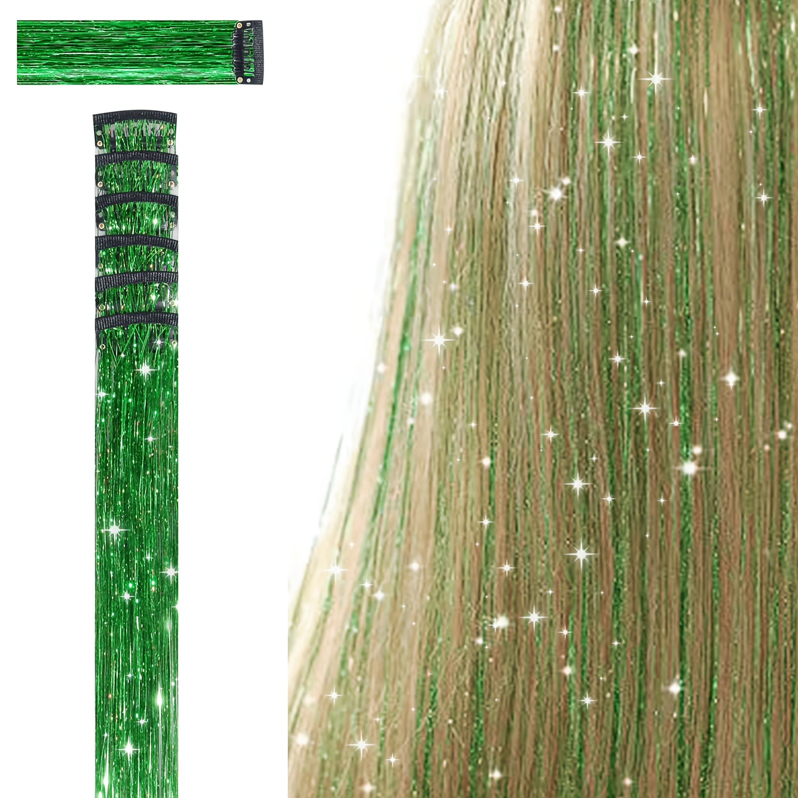 TEMU 6pcs Green Hair Tinsel Clip In, Hair Additions 24 Inch 80 Strands Bobby Pin Tinsel Hair Extensions Suitable For Daily Use At Women's Parties For
