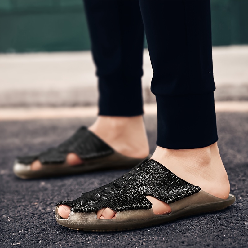 

Men's Vintage Split Leather Open Toe Breathable Slippers With Massage Grains, Comfy Non Slip Durable Slides For Men's Outdoor Activities