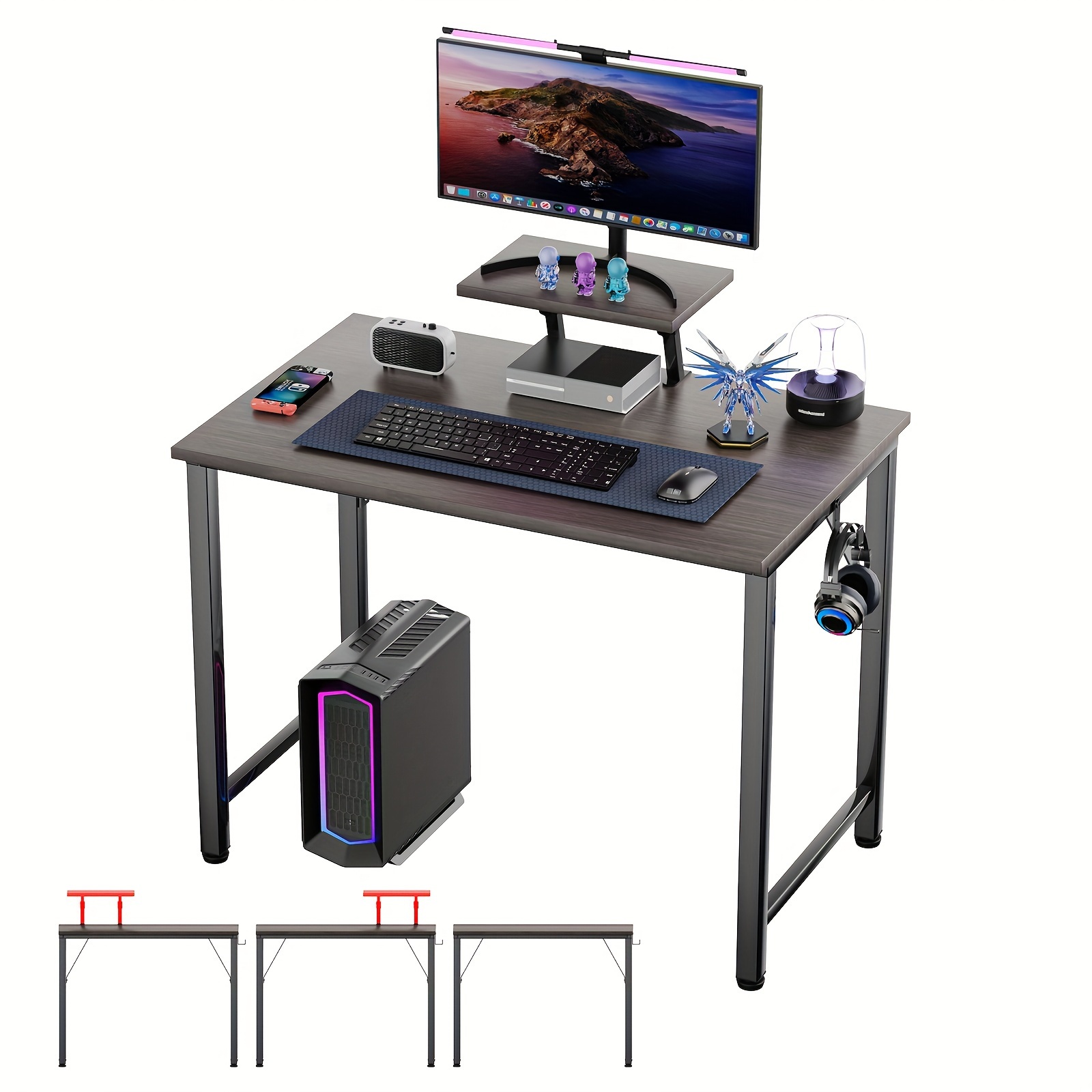 E-shop 80 cm Computer Schreibtisch, kompakte Arbeitsstation mit abnehmbarem Monitorständer, praktischer Bürotisch mit Ablage (Schwarz, 80 x 40 x 75 cm)