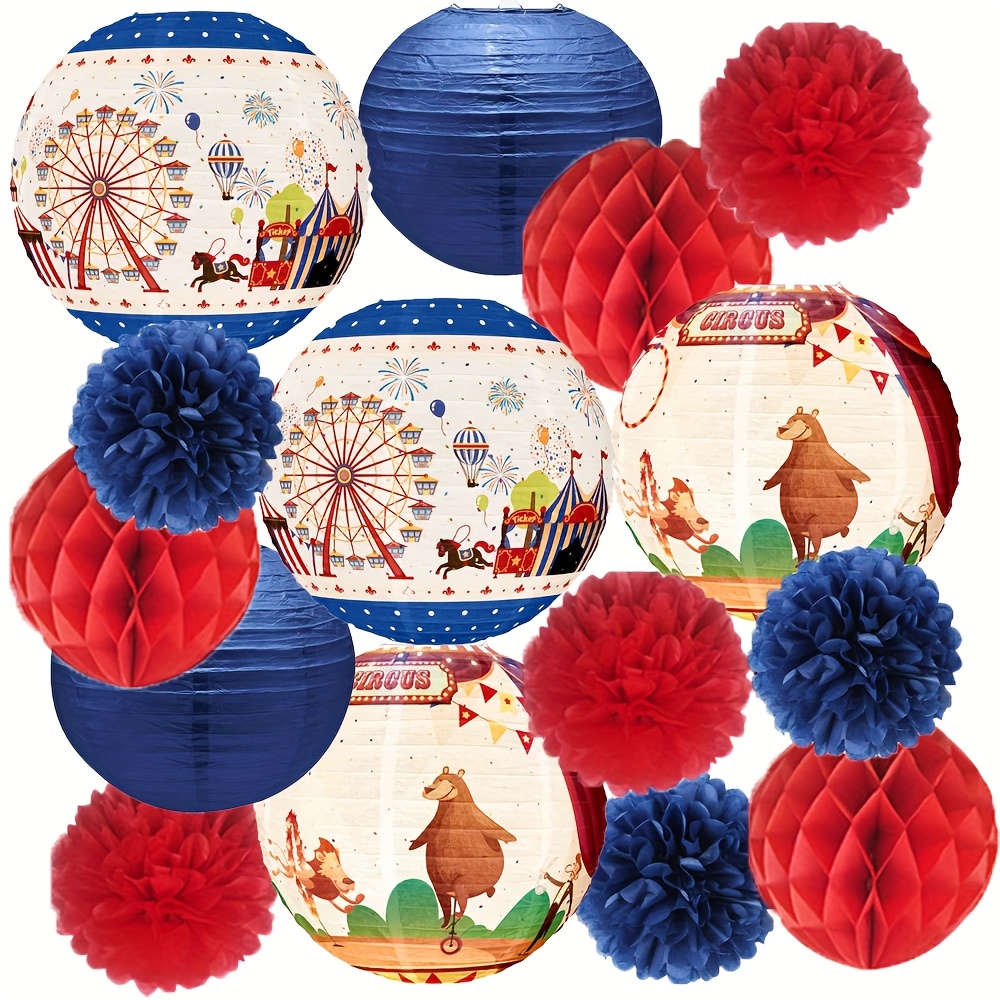 Vibrant Circus-Themed Party Decorations - Red \u0026 Blue Honeycomb Balls,  Tissue Pom Poms, and Lanterns with * for Birthdays, Weddings * Showers, and  Graduations - No Power Needed, Carnival Theme Party ..., image size:1000x1000