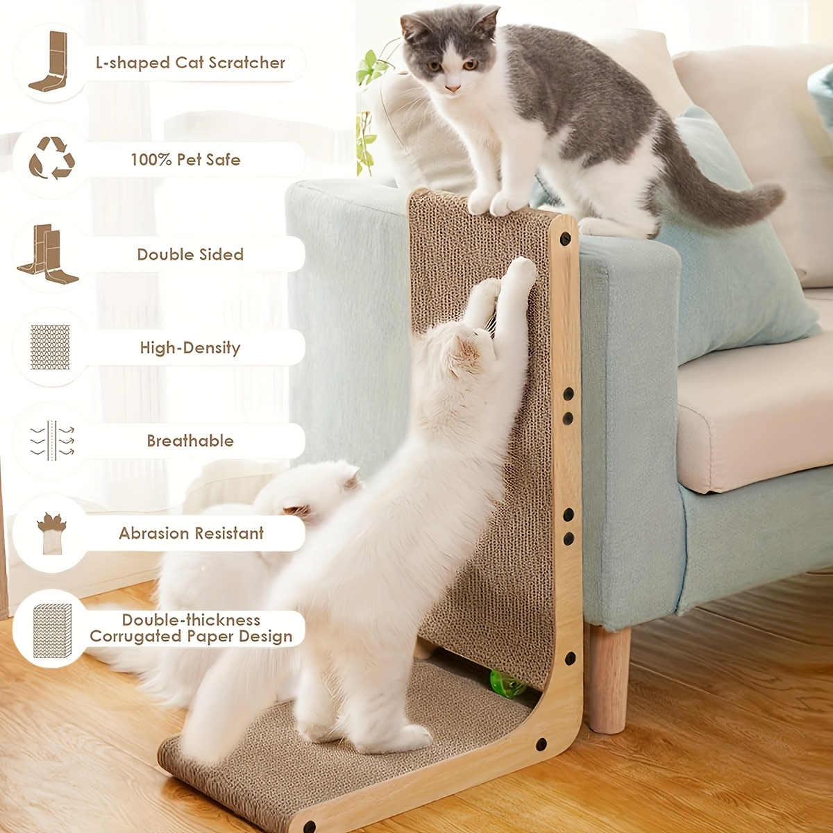 TEMU L-shaped Vertical Cat Scratcher With Ball Toy - Durable Wall-mounted Cardboard Scratch Pad For Indoor Cats- Toy