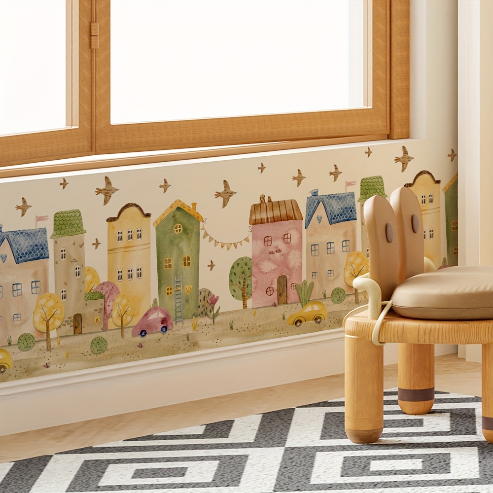 1pc Hand-painted Wall Sticker, Cozy Building Scenery Stickers For Room Baseboard Decoration