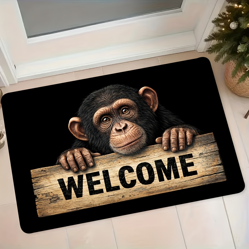 TEMU [ 1pc] Monkey Holding Sign Welcome Flannel Mat Entrance Door Mat Bathroom Absorbent Non-slip Foot Mat Home Foyer Bedroom Bedside Decorative