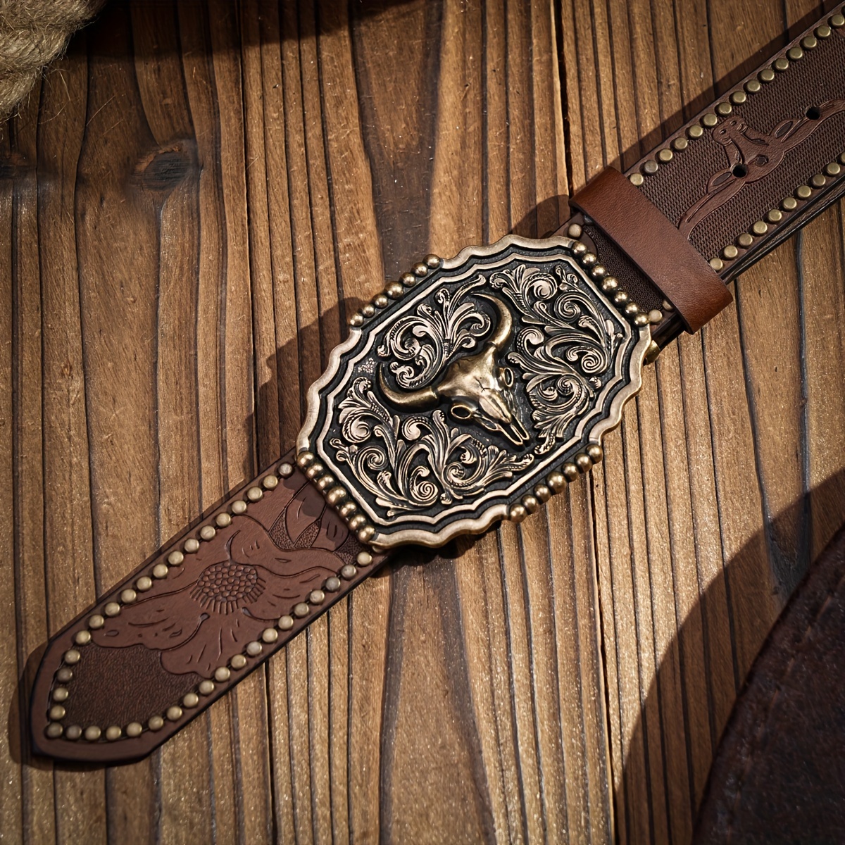 Herren-Gürtel Aus Echtem Leder Mit Western-Blumen-Gravur – Stierkopf-Schnalle, Lässiger Style Für Jeden Tag