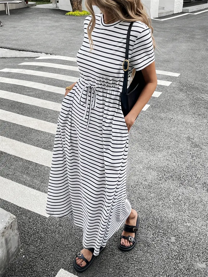 striped casual short dress for women Cher Blue Striped Short Dress | Women's Clothing