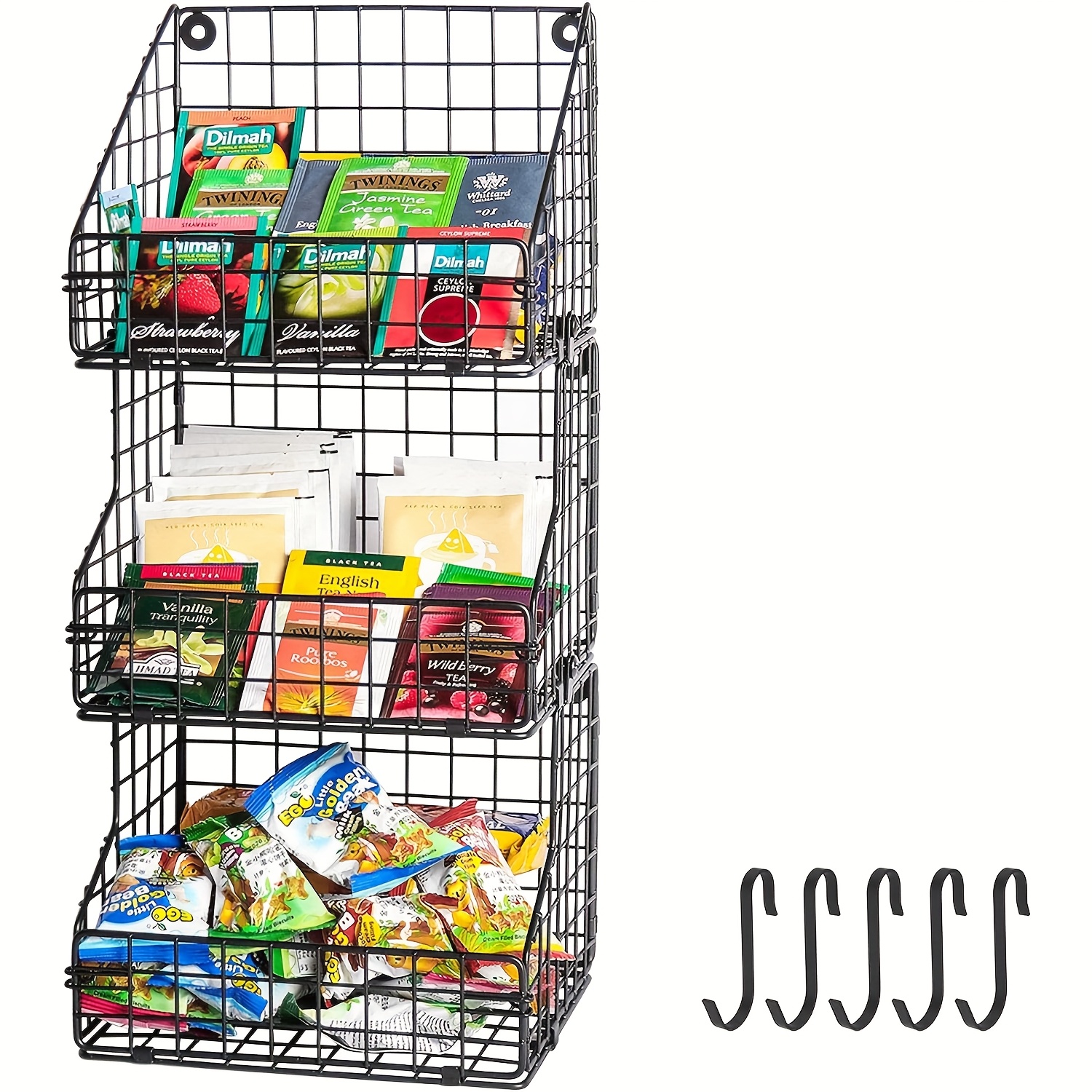 TEMU 3-tier Stackable Snack Organizer Featuring 5 Hooks, A Wall-mounted Wire Storage Basket, Versatile For Pantry, Snack, And Kitchen Storage (dimensions Of : 6.5 X 8.7 X 6.7 Inches), Utility Racks