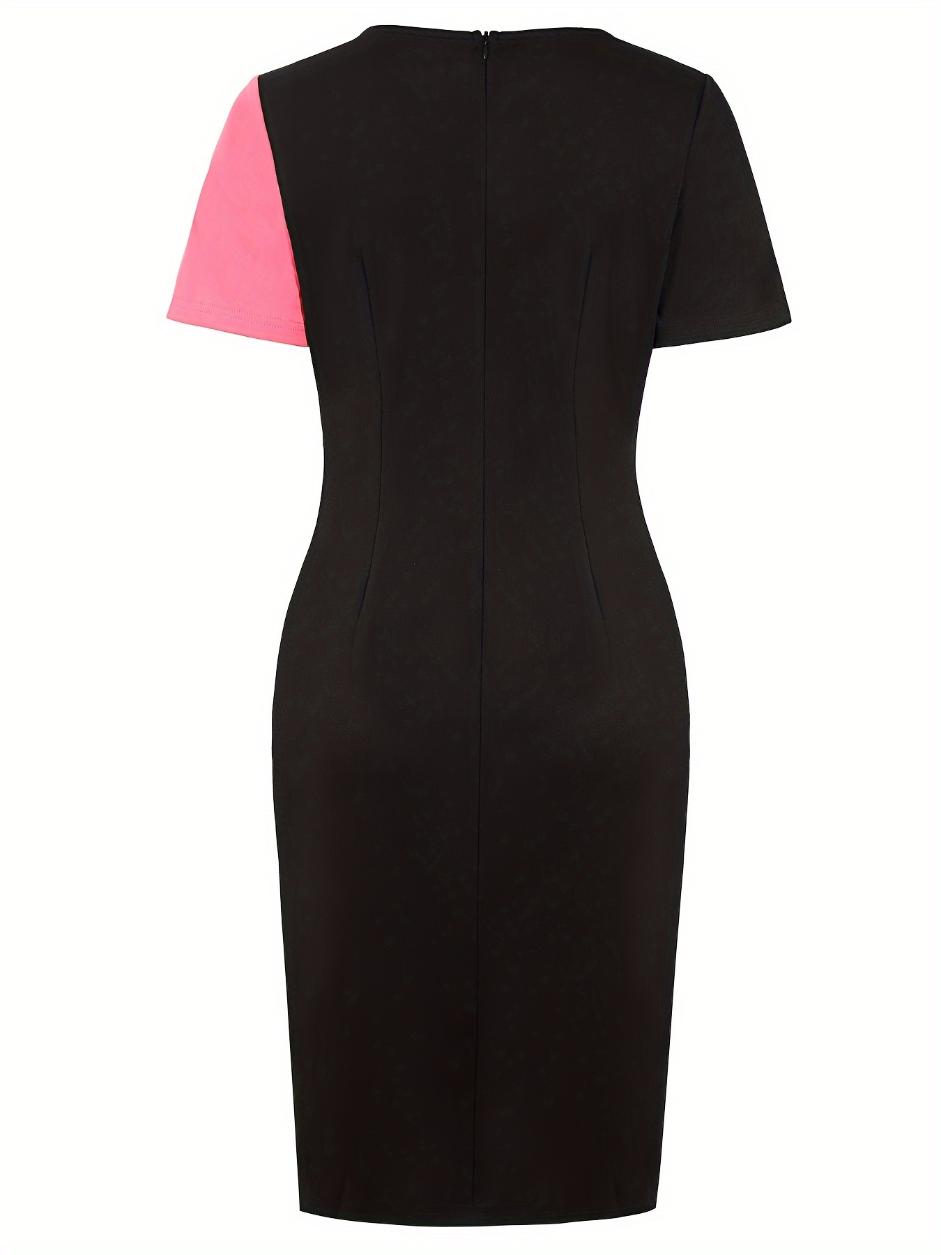Spring/Summer Business Casual Elegant Women's Side Ruffle Waist Contrast Short Sleeve Round Neck Slim-Fit Midi Dress, Suitable for Formal Occasions or Office Wear